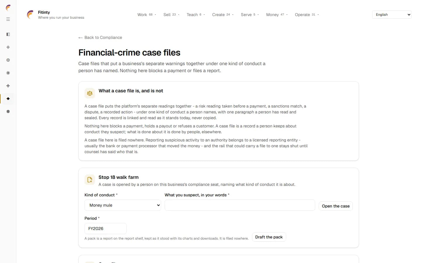 Compliance - Financial-Crime Case Files, a real screen from the running app.