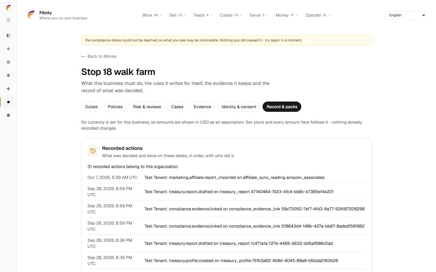 Compliance - Record and Packs, un écran réel de l'application en cours d'exécution.