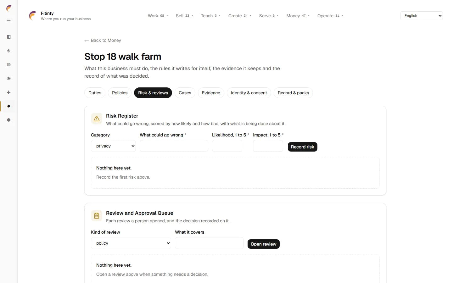 Compliance - Risk and Reviews, skrin sebenar dari aplikasi yang berjalan.