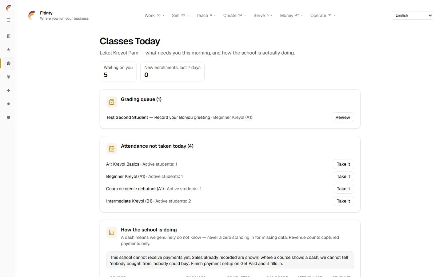 Classes Today, a real screen from the running app.