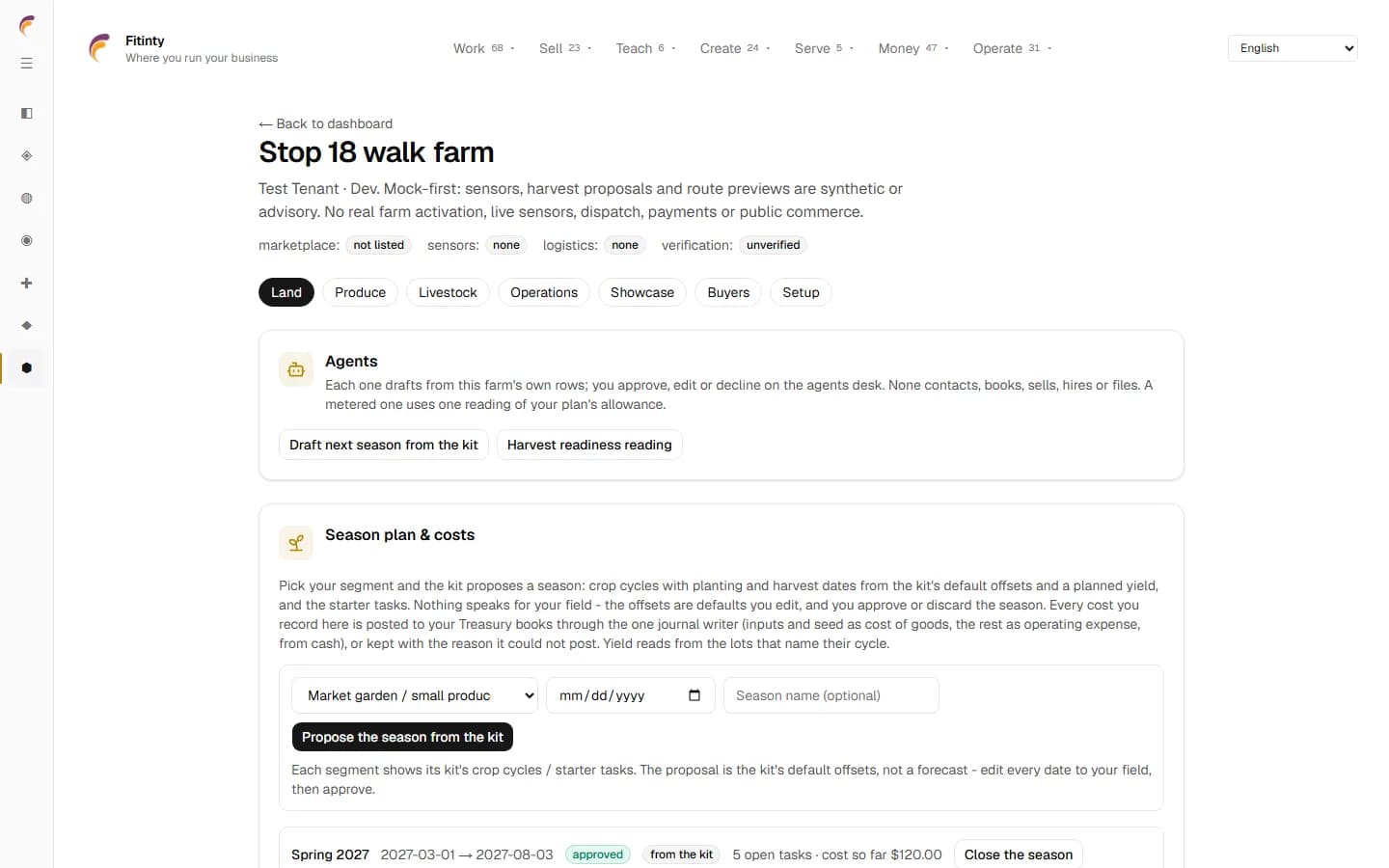 Fitinty Farms, a real screen from the running app.