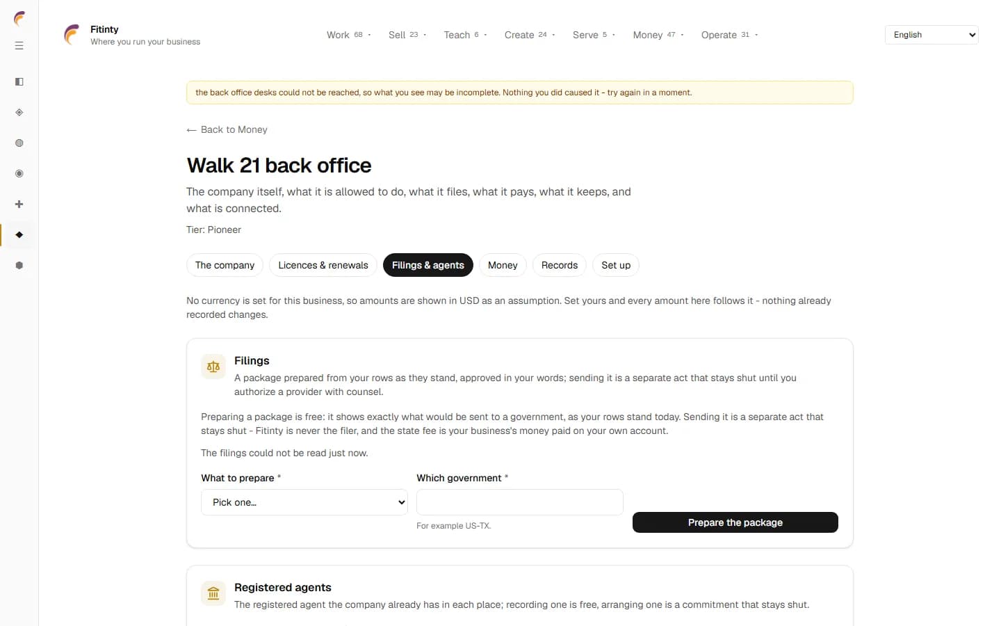 Governor Suite - Filings & agents, o ecran real din aplicația în curs de executare.