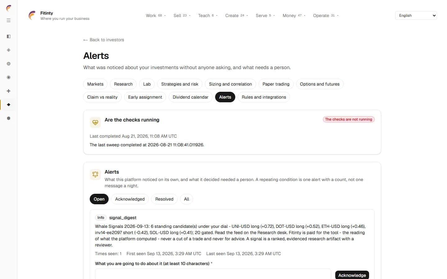 Investor Alerts، شاشة حقيقية من التطبيق التشغيلي.