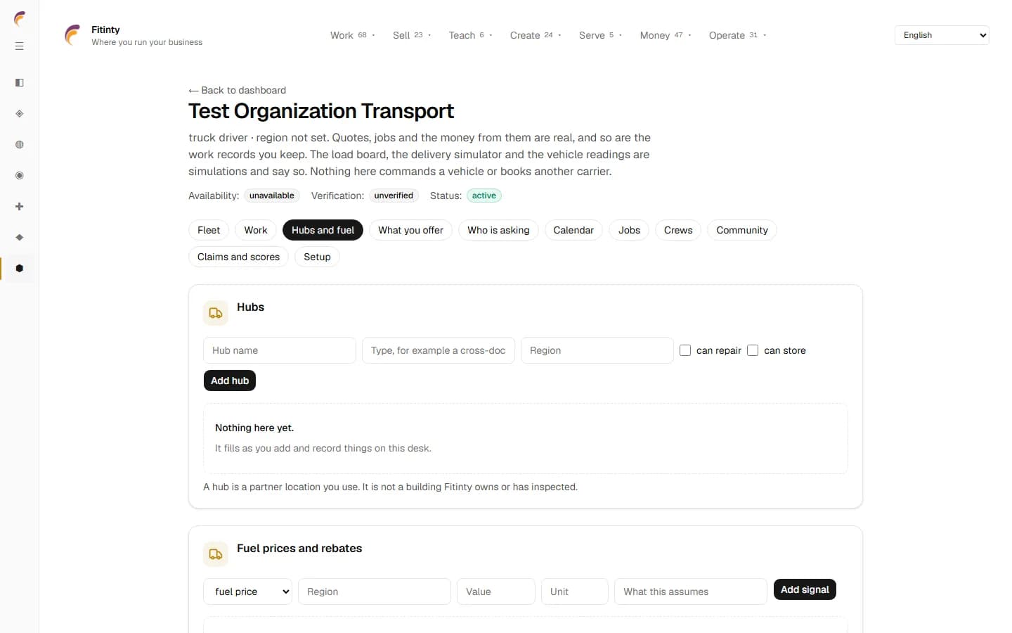 Logistics - Hubs and Fuel, a real screen from the running app.