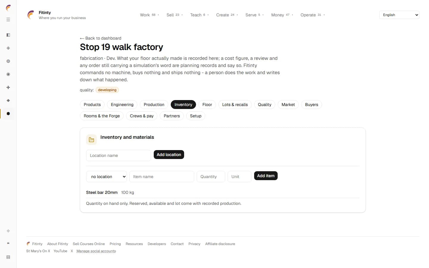 Manufacturing - Inventory, a real screen from the running app.