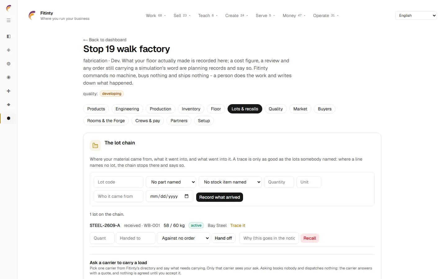 Manufacturing - Lots & recalls, a real screen from the running app.