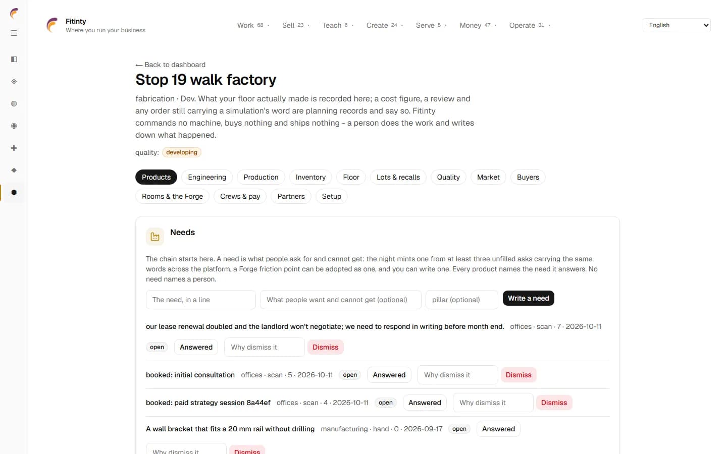 Fitinty Manufacturing, a real screen from the running app.