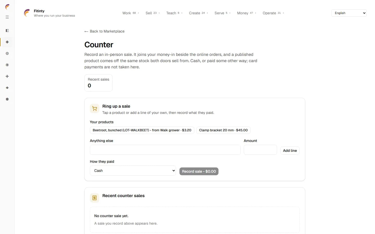 Counter — In-Person Sales, a real screen from the running app.