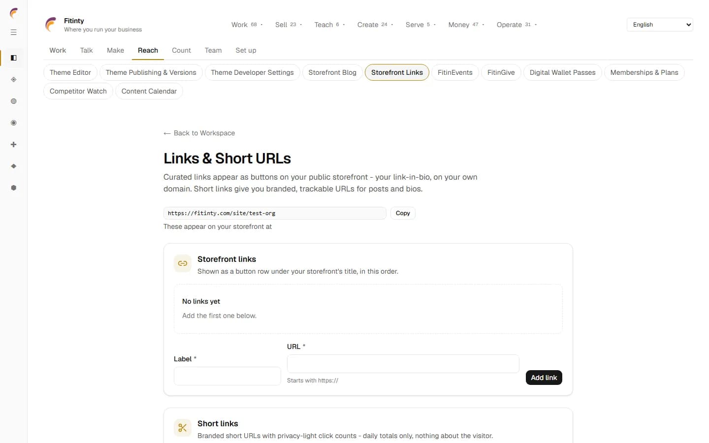Menus, links and short URLs, layar nyata dari aplikasi yang berjalan.