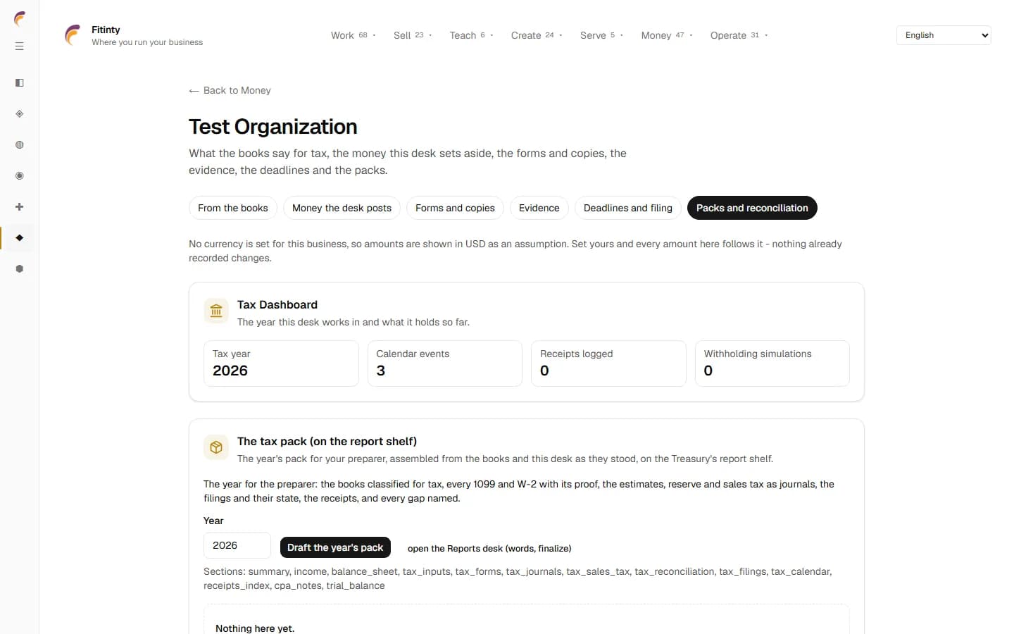 Tax - Packs and Reconciliation, a real screen from the running app.