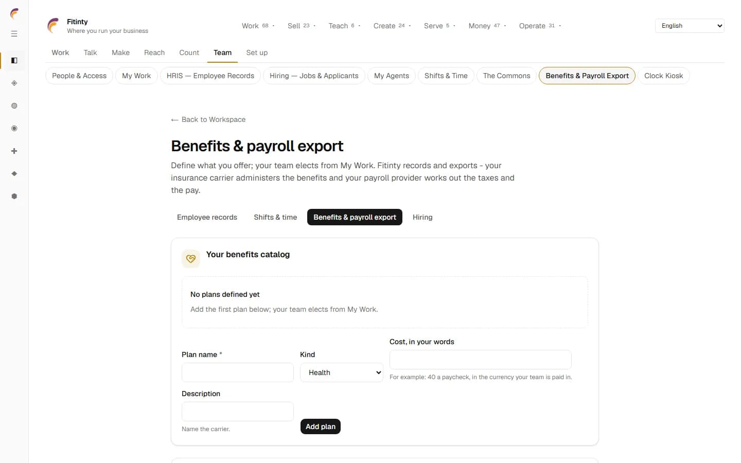 Benefits & Payroll Export, et rigtigt skærmbillede fra den kørende app.