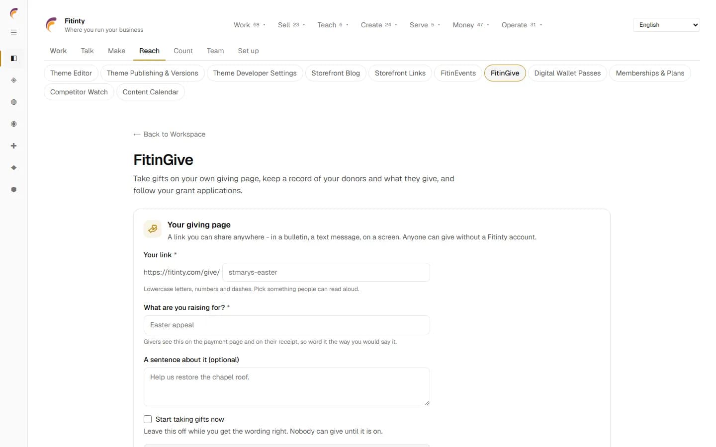 FitinGive, a real screen from the running app.