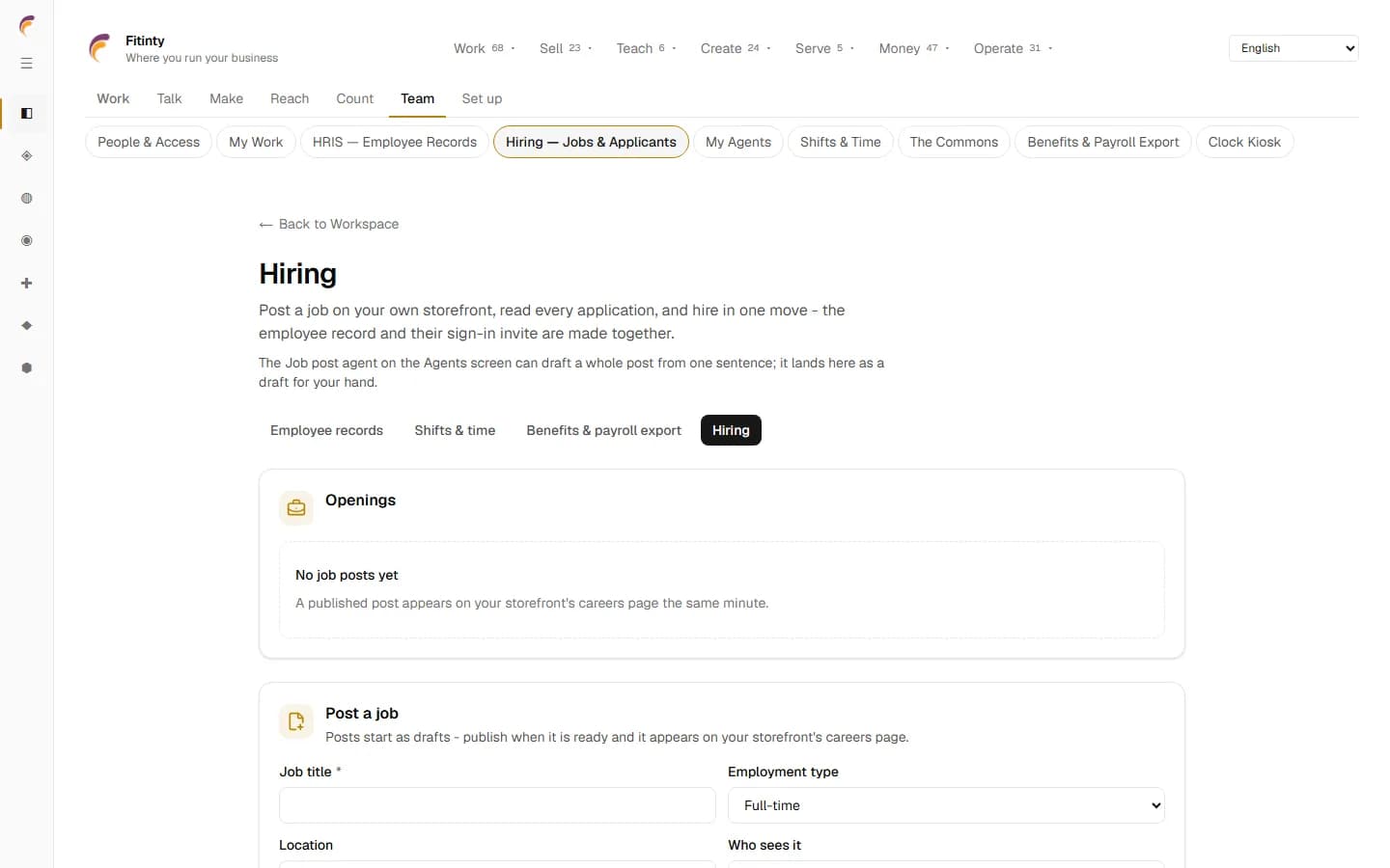 Hiring — Jobs & Applicants, a real screen from the running app.