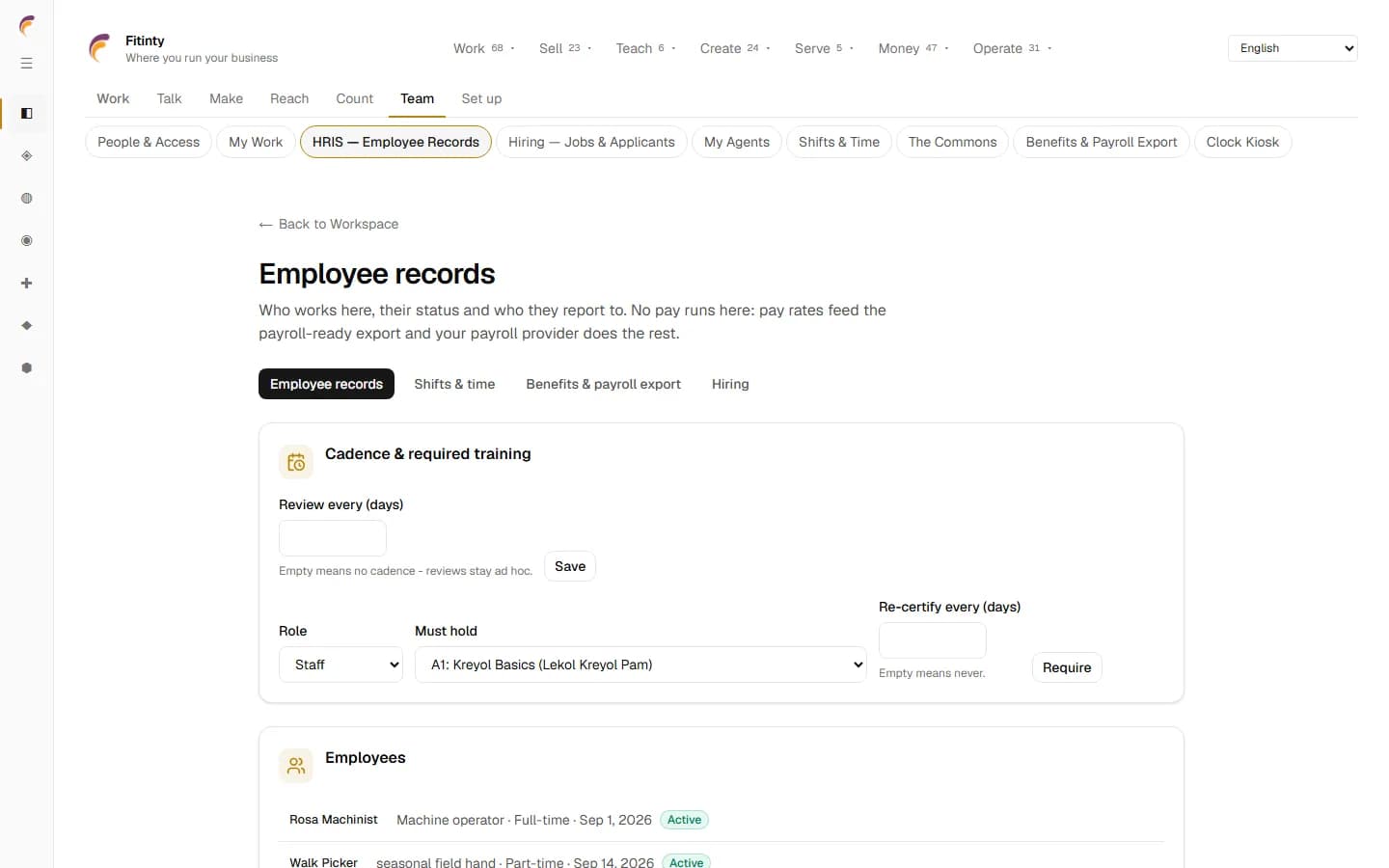HRIS — Employee Records, un écran réel de l'application en cours d'exécution.