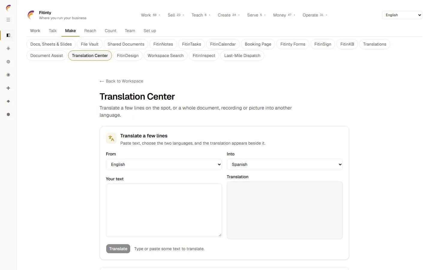 Translation Center, skutečný obrazovka z běžící aplikace.